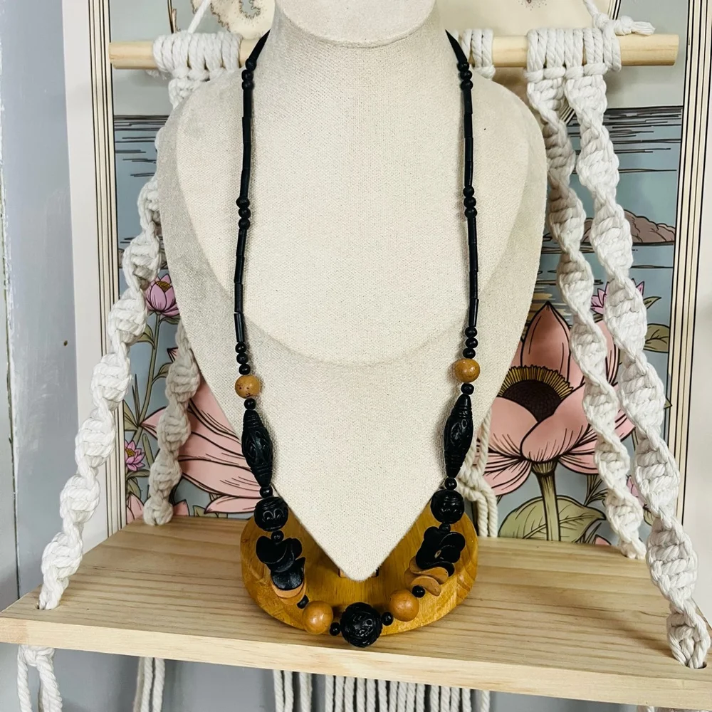Vintage Carved Wood Bead Necklace | Black Brown Boho |‎ Earthy Whimsigoth Ethnic